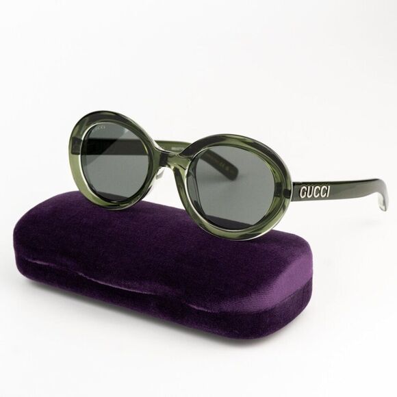 NEW Gucci GG1722SA 005 Transparent Dark Green Smoke Grey Unisex Oval Sunglasses - Picture 2 of 11